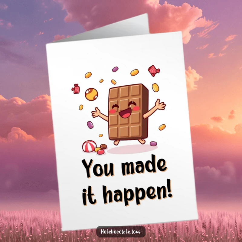 Funny Free Printable Congratulations Card: happy chocolate bar juggling candies, symbolizing accomplishment and sweet victories.