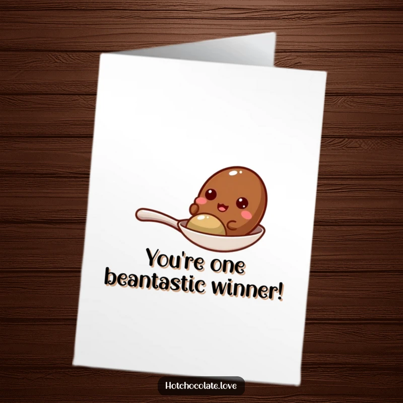 Funny Free Printable Cocoa Bean Card: A happy cocoa bean giggling on a tiny spoon, celebrating a momentous occasion with infectious mirth.