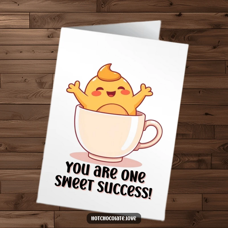 Funny free printable congratulations card: An ecstatic caramel blob performing joyful leaps inside a warm mug design.