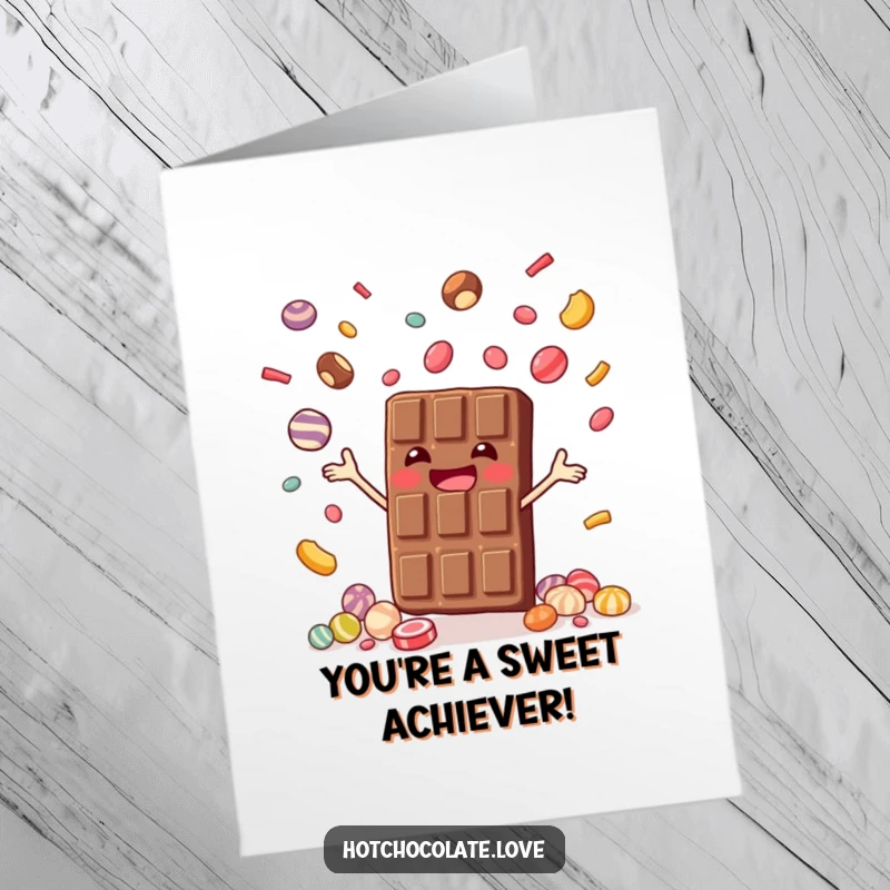 Free printable congratulations card of a chocolate bar gleefully juggling colorful candies.