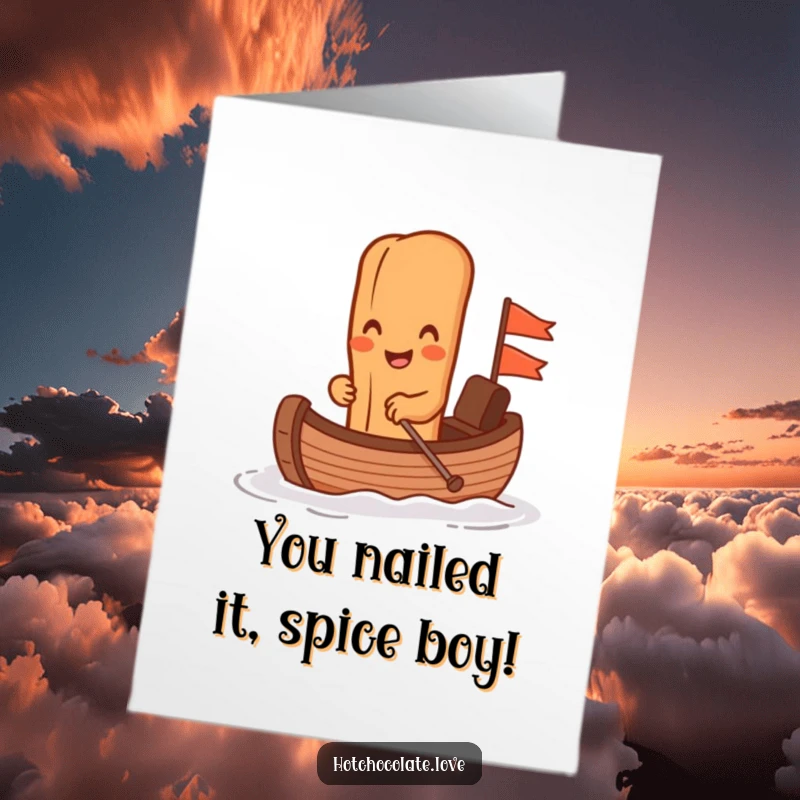 Funny free printable congratulations card: Grinning cinnamon stick celebrating in a tiny chocolate boat for ultimate success.