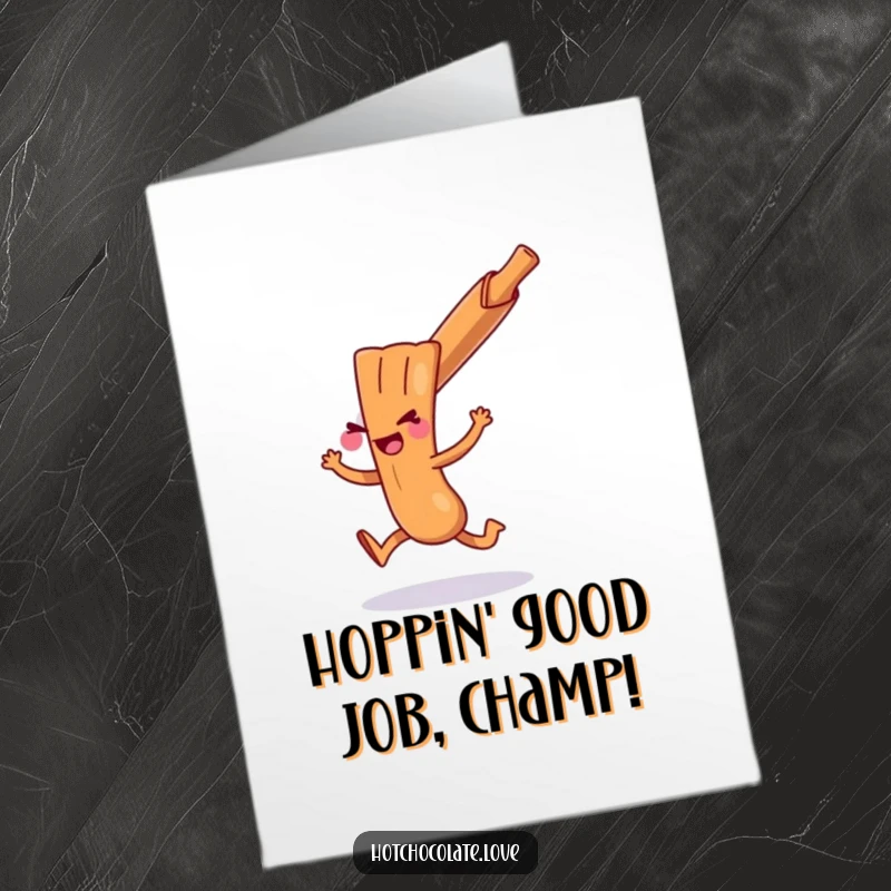 Funny Free Printable Congratulations Card featuring a playful cinnamon stick hopping mischievously, celebrating success with energy.