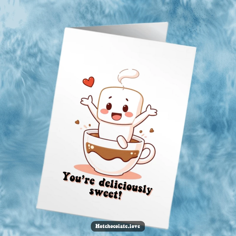 Funny Free Printable Congratulations Card: A cheerful marshmallow person joyfully dives into a mug of hot chocolate, celebrating a great achievement.