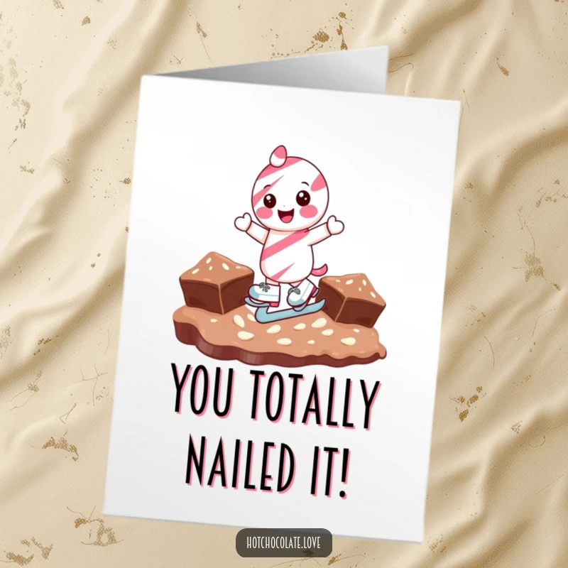 Funny free printable congratulations card showing a happy candy cane ice skating on chocolate, celebrating success.