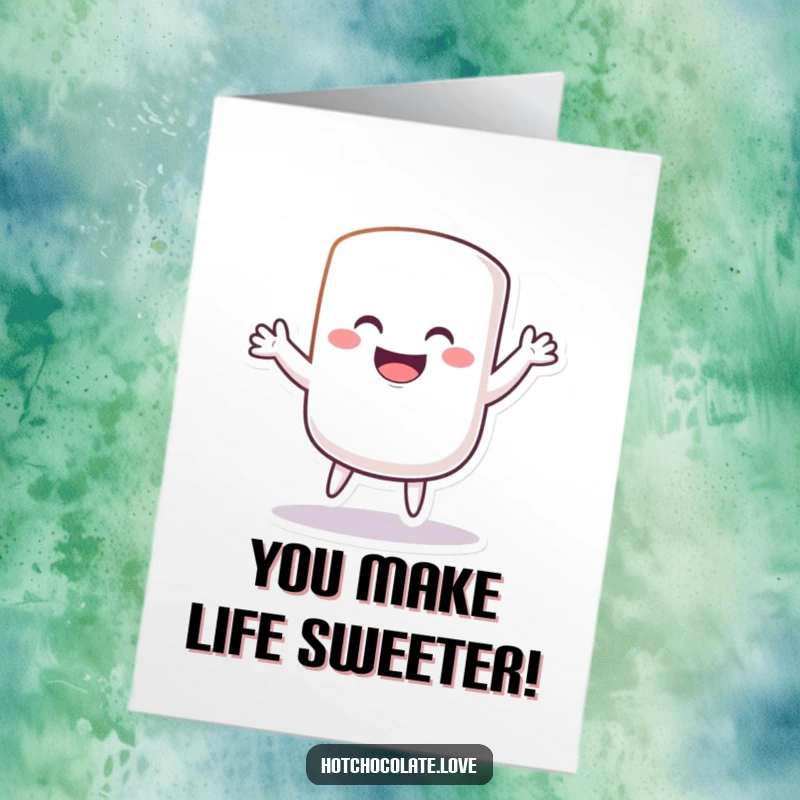 Funny Free Printable Congratulations Card: happy grinning marshmallow doing a goofy dance, celebrating achievements with sugary flair.
