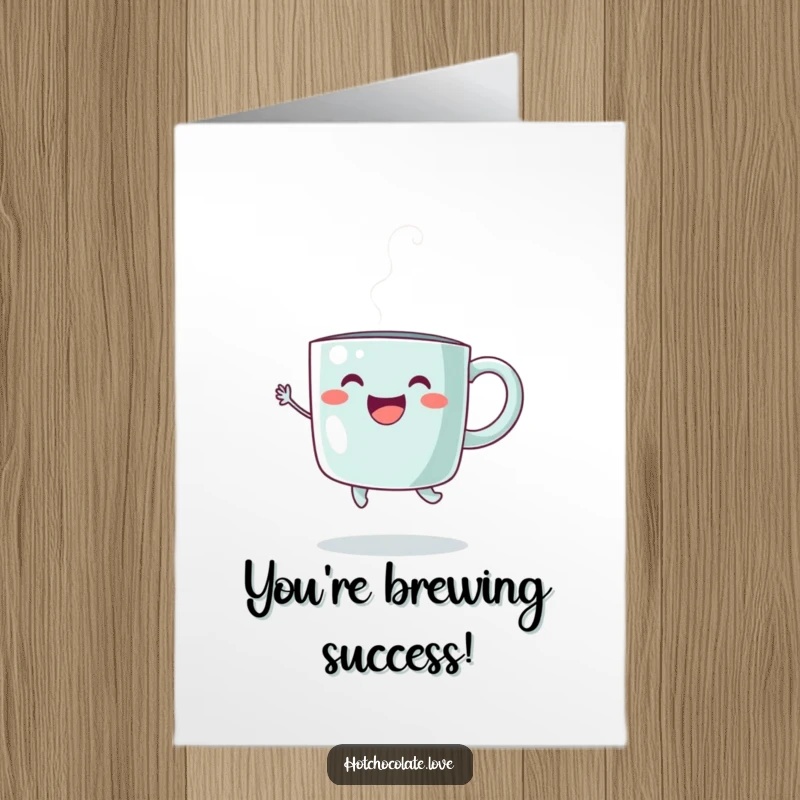 Funny Free Printable Congratulations Card: happy steaming mug doing an enthusiastic jump, sending cheers and good vibes.