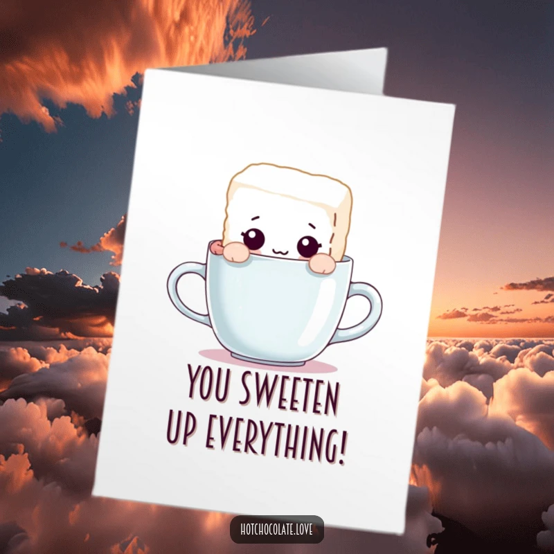 Funny Free Printable Congratulations Card featuring a curious sugar cube character peeking out from behind a celebratory mug.