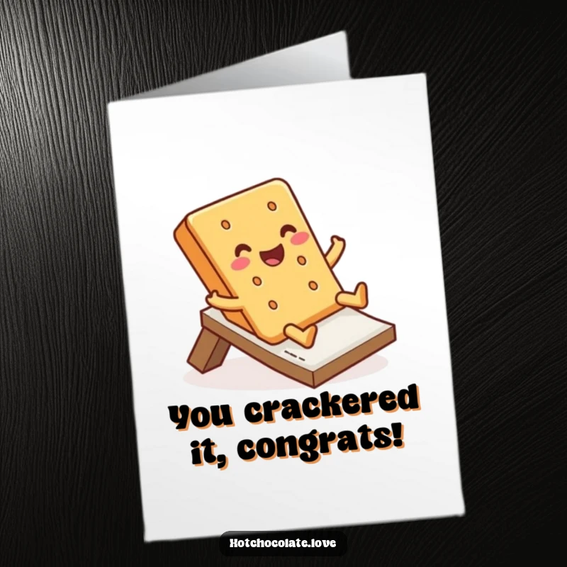 Funny Free Printable Congratulations Card featuring a graham cracker on a joyful, happy slide, celebrating good news.
