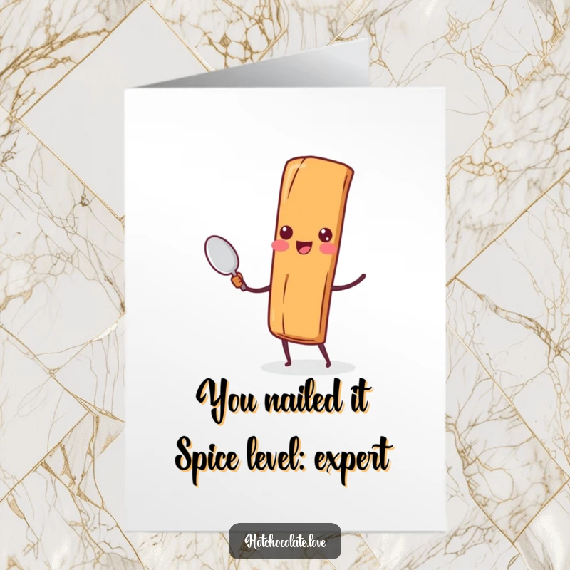 Funny Free Printable Congratulations Card showcasing a happy cinnamon stick character gleefully holding a spoon, symbolizing sweet success.
