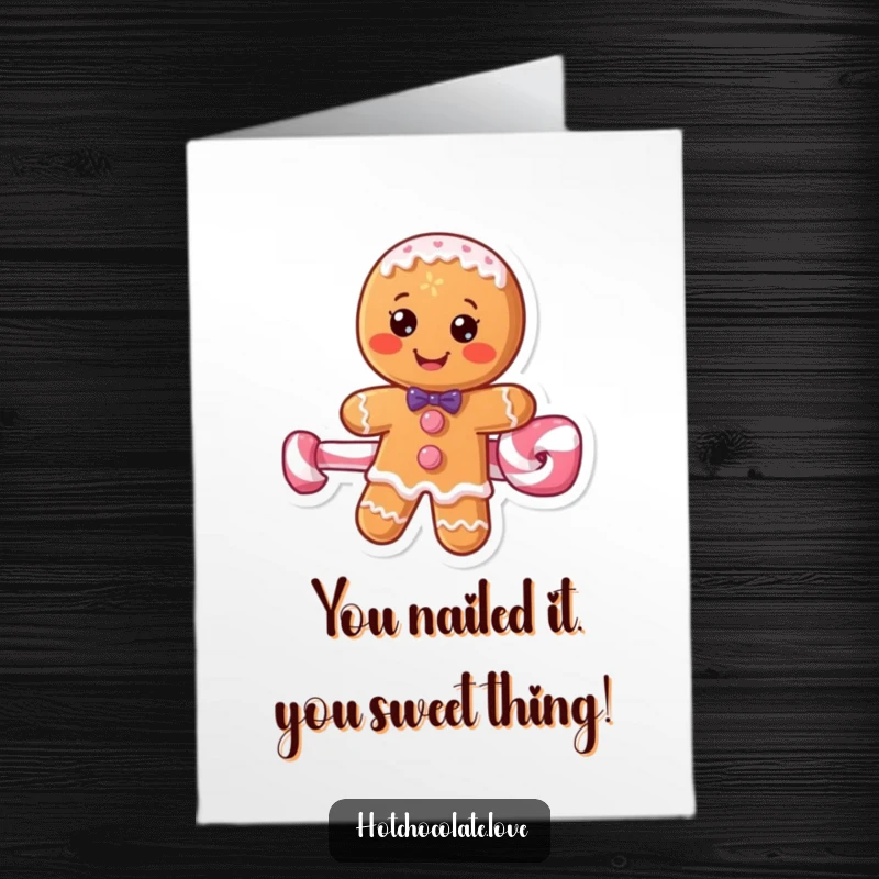 Funny free printable congratulations card showing a happy gingerbread man on a peppermint stick celebrating a sweet success.