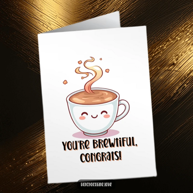 Funny Free Printable Congratulations Card: A cheerful cup of hot chocolate beaming a smile with swirling steam.