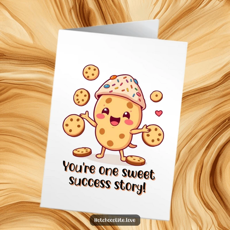 Funny Free Printable Congratulations Card: A cookie character joyfully juggles cookies, celebrating a big win.