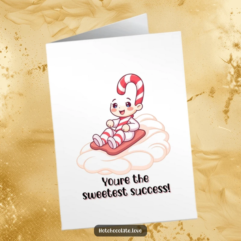 Funny Free Printable Congratulations Card, a happy candy cane character sliding down a whipped cream slope with delight.