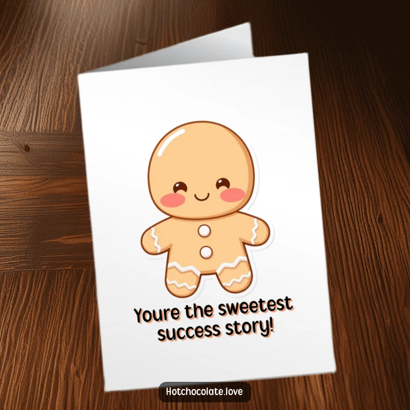 Free Printable Congratulations Card with a blushing gingerbread man offering a shy smile and a warm greeting for their success.