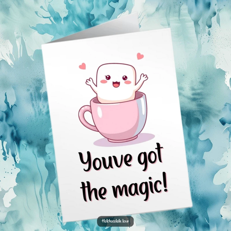 Funny Free Printable Congratulations Card: A happy marshmallow floating in a mug, waving to celebrate your amazing achievement.