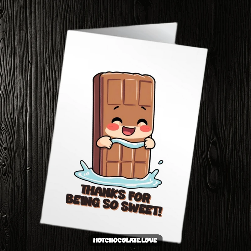 Funny free printable giggling chocolate bar person taking a dip, expressing thanks.