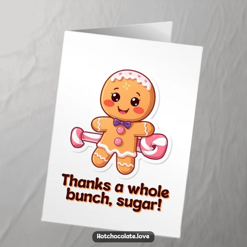 Funny free printable thank you card with a cheerful gingerbread man on a peppermint stick, offering sweet gratitude.