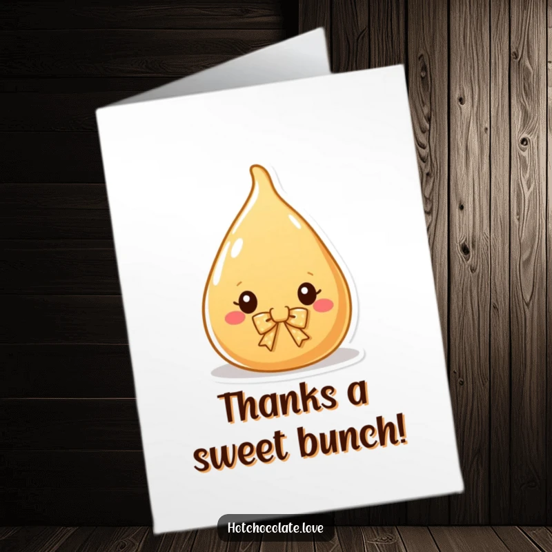 Funny Free Printable Thank You Card of a charming caramel drop wearing a tiny, elegant bow, looking sweetly grateful.