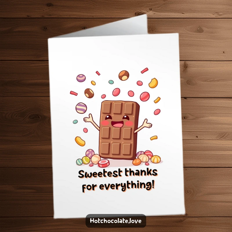 Funny free printable thank you card of a happy chocolate bar juggling small candies with flair.