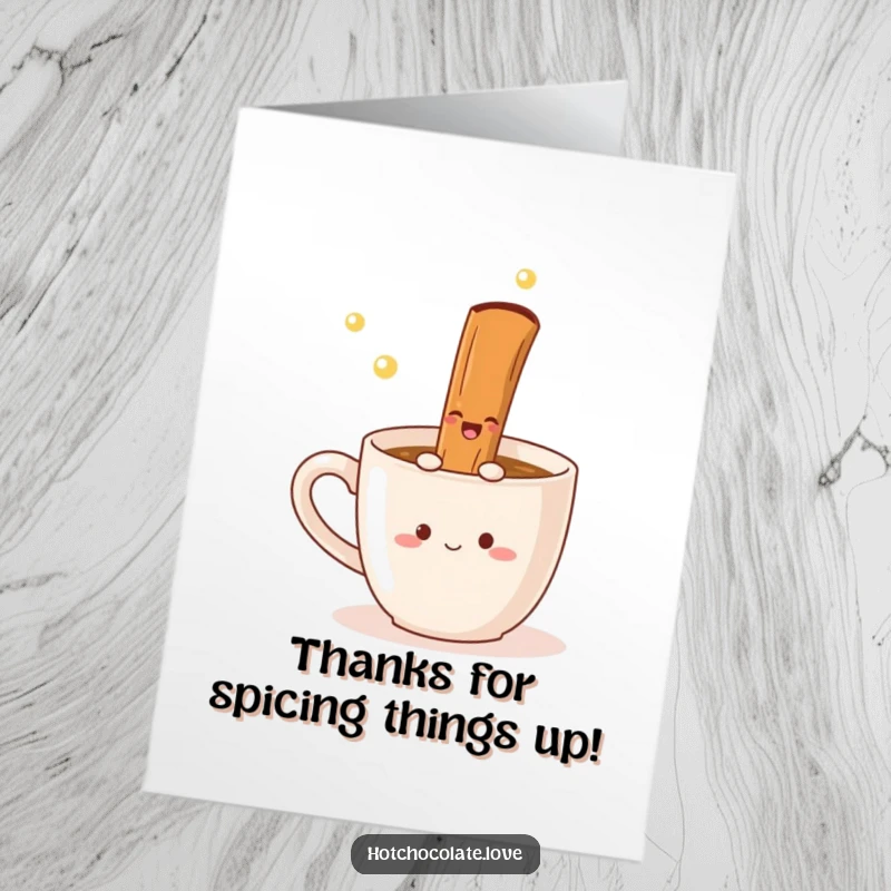 Funny Free Printable Thank You Card: A delighted cinnamon stick performs a joyful twirl in a mug, thanking you warmly.