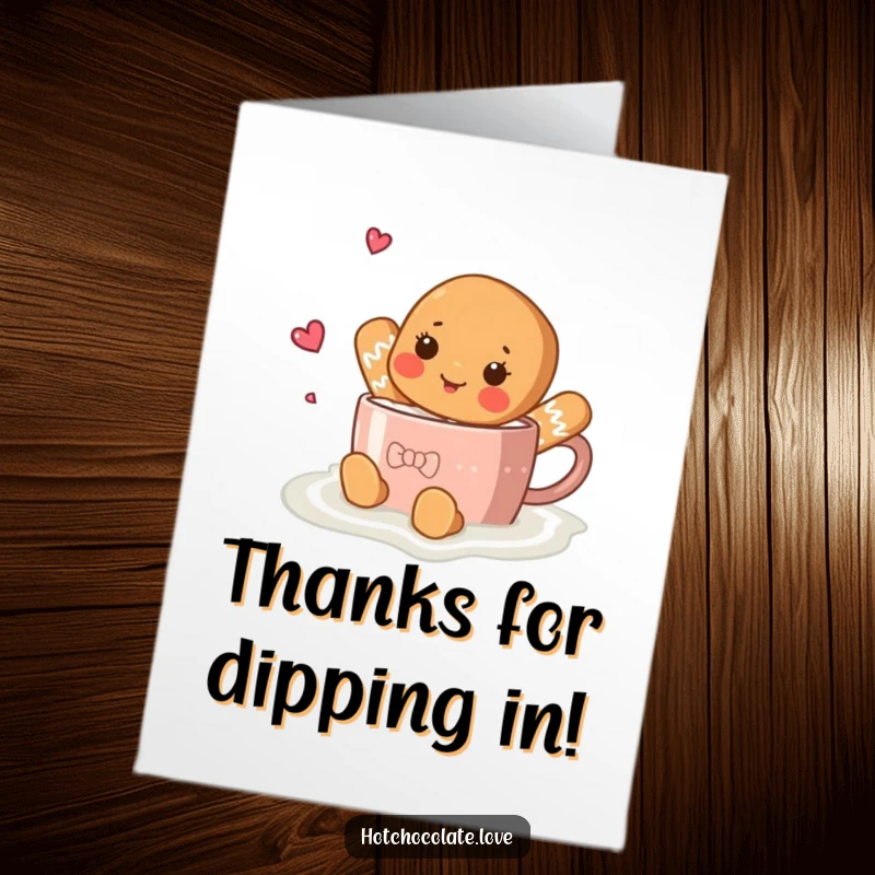 Funny Free Printable Thank You Card depicting a happy gingerbread person enjoying a hot chocolate bath, a cozy way to say thanks.