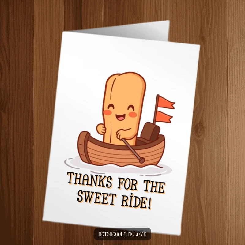 Funny free printable thank you card: Joyful cinnamon stick rowing a chocolate boat, showing gratitude with a grin.