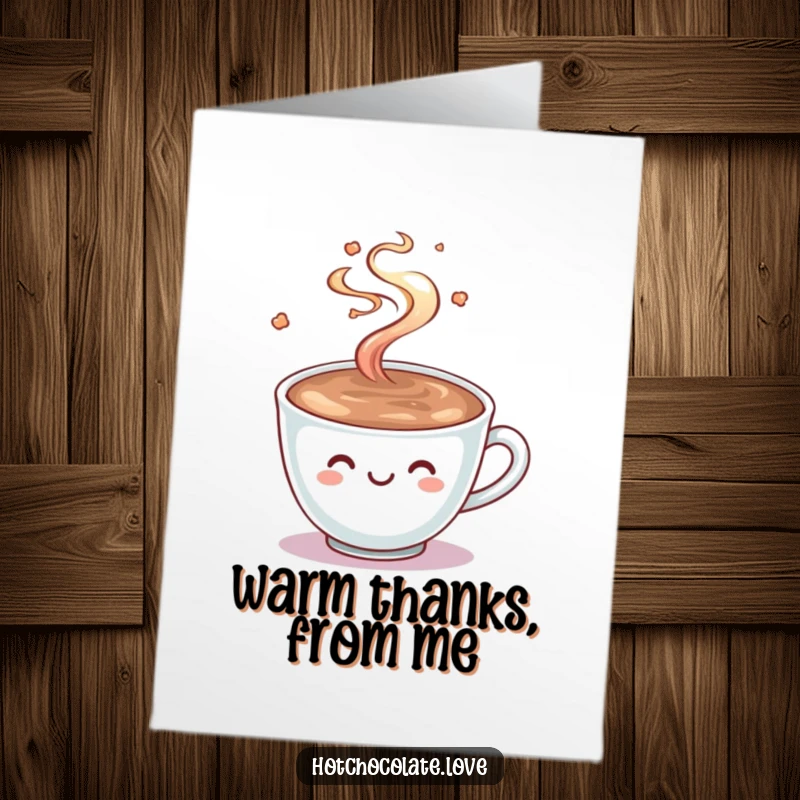 Funny Free Printable Thank You Card: A smiling mug of hot chocolate with steam playfully swirling around it.