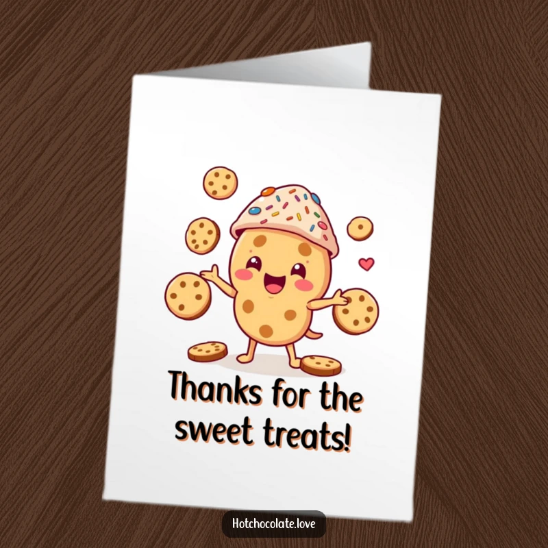 Funny Free Printable Thank You Card: A cookie character with a sprinkle hat juggles cookies gratefully.