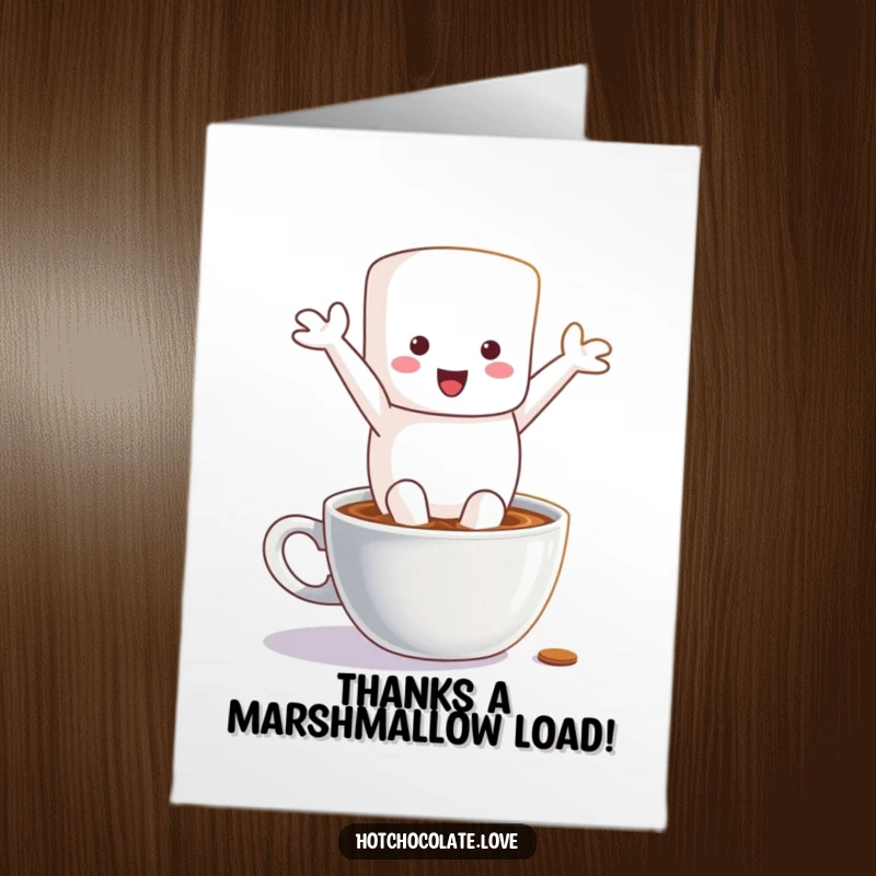 Funny Free Printable Thank You Card, energetic marshmallow character splashing into hot chocolate with joy and appreciation.