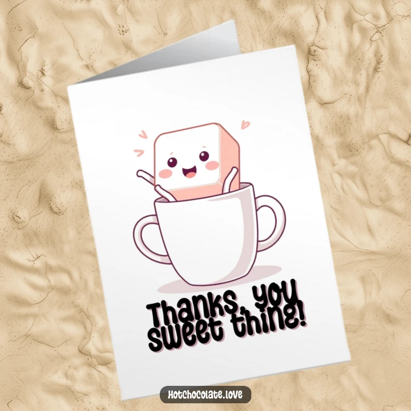 Funny Free Printable Thank You Card illustrating a sugar cube taking a big, happy leap into a mug.