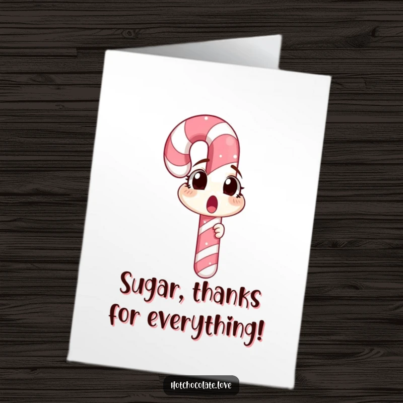 Funny Free Printable Thank You Card of a surprised candy cane checking out its reflection, a comical expression of thanks.