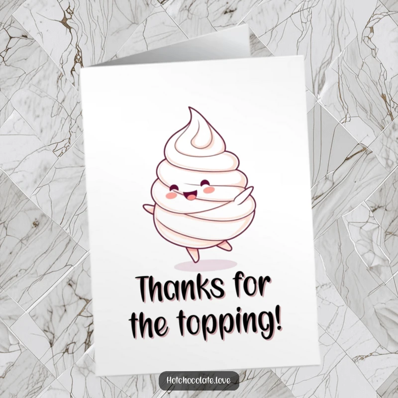 Funny Free Printable Whipped Cream Dollop Thank You Card, doing a happy spin, a sweet and swirly way to express thanks.