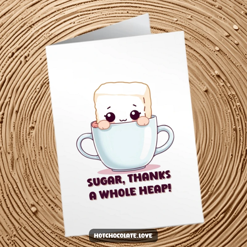 Funny Free Printable Thank You Card with a curious sugar cube character peeking over a mug, offering sweet thanks.