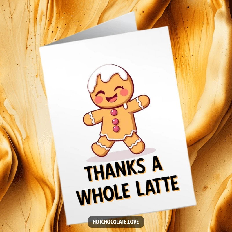 Funny Free Printable Thank You Card: a gingerbread man dancing with icing dripping, expressing sweet gratitude.