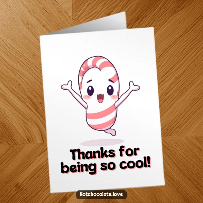 Funny Free Printable Thank You Card: A surprised candy cane character executes a cartwheel expressing thanks.