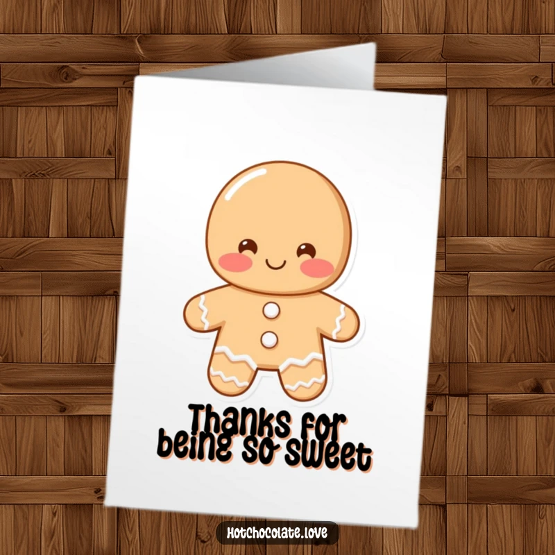 Free Printable Thank You Card shows a blushing gingerbread man with a shy smile, offering a warm greeting of thanks.