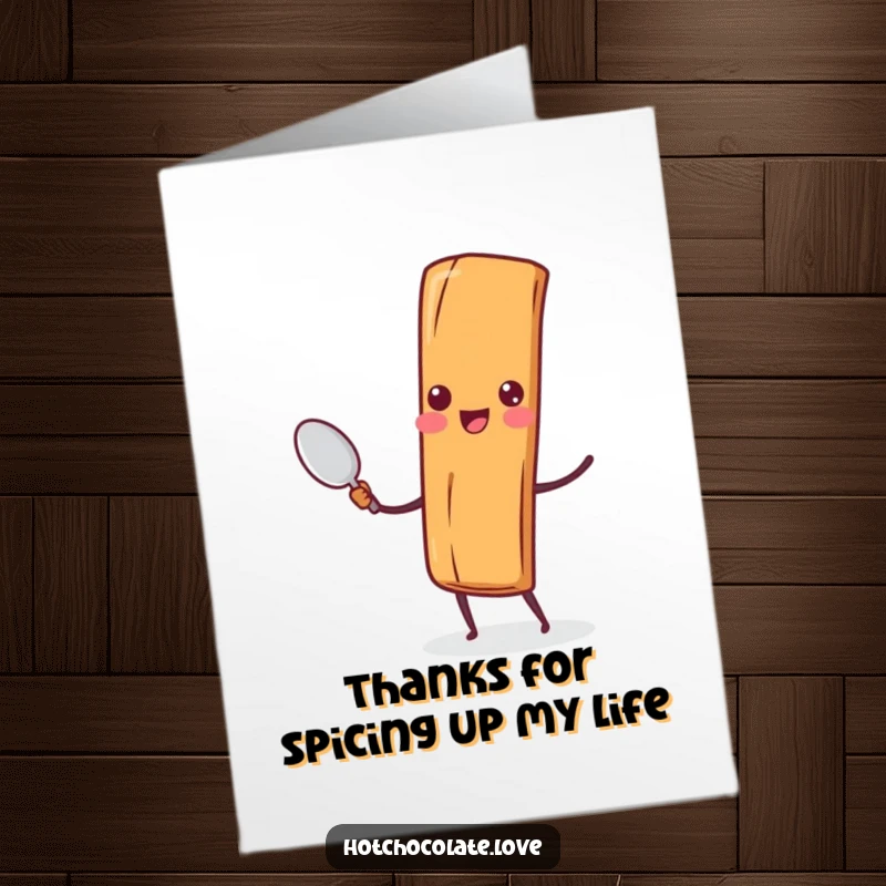Funny Free Printable Thank You Card with a cheerful cinnamon stick character holding a tiny spoon, expressing heartfelt gratitude.