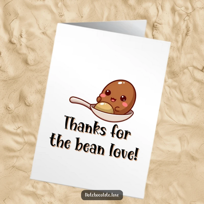 Funny Free Printable Cocoa Bean Card: A cute cocoa bean with a huge grin, giggling on a tiny spoon, sending heartfelt thanks.