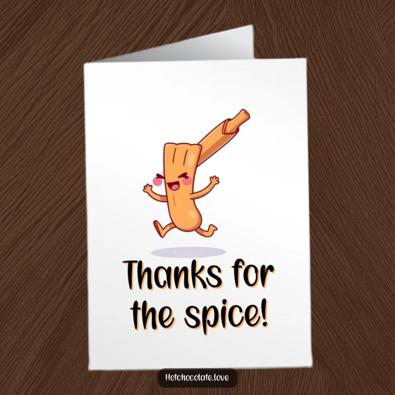 Funny Free Printable Thank You Card showing a playful cinnamon stick doing a mischievous hop, conveying thanks with cheer.