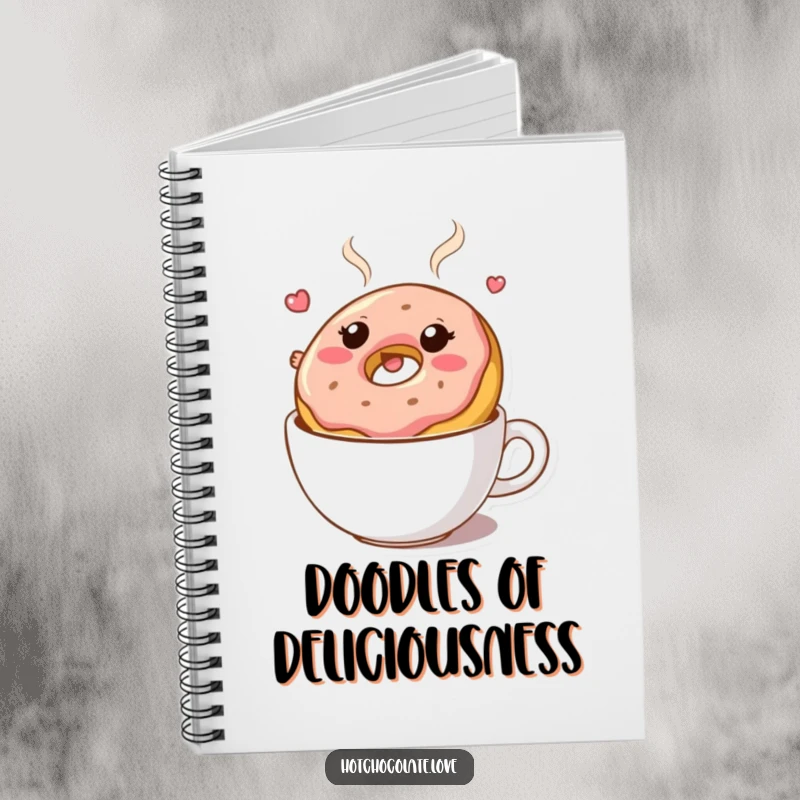 Funny notebook: A bouncy donut character floating in hot chocolate. Ideal for writing and sketching.