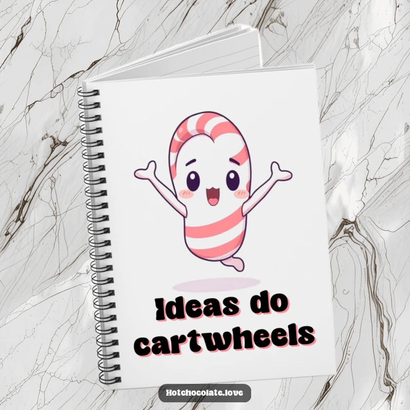 Funny surprised candy cane mid-cartwheel, a lined notebook with a humorous and unexpected cover.