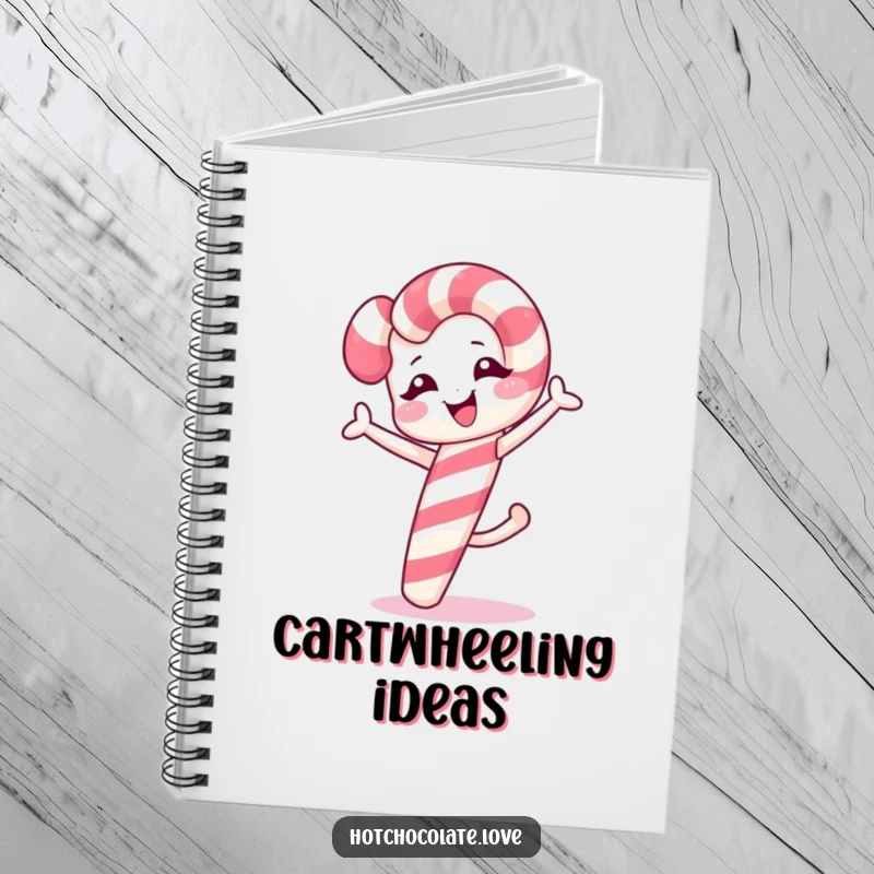 Funny winking candy cane doing a cartwheel on the cover of a notebook, for jotting thoughts.