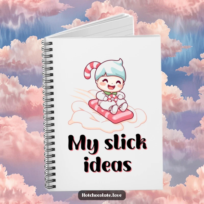 Funny candy cane character sliding down a whipped cream slope on the cover of a fun, funny notebook.