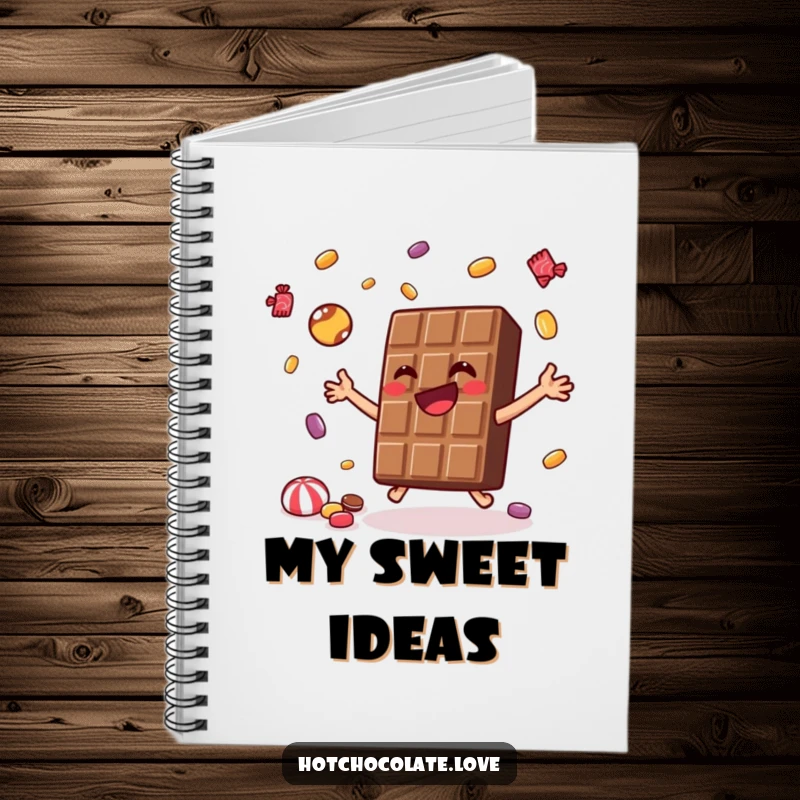Funny Notebook featuring a joyful chocolate bar juggling tiny candies, ideal for recording sweet thoughts and creative ideas.