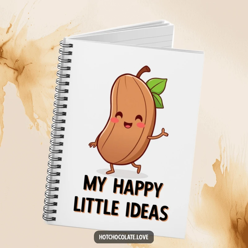 Funny notebook featuring a delighted cocoa bean with a tiny smile, joyfully performing a little jig.