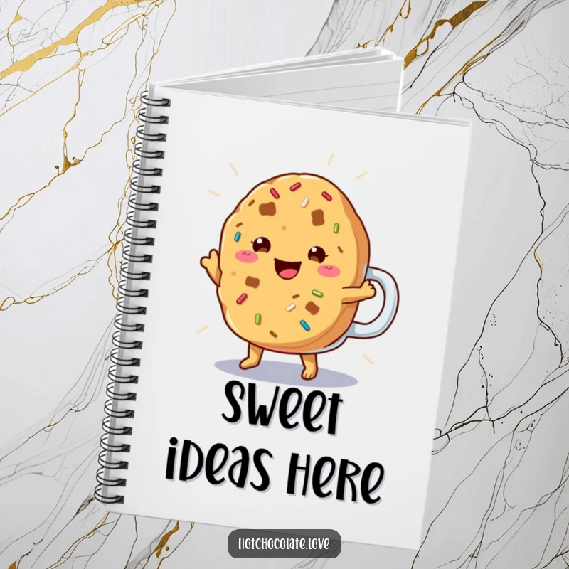 Funny Cookie Notebook depicting a cheerful cookie with sprinkles doing a happy jig, perfect for jotting down sweet ideas.
