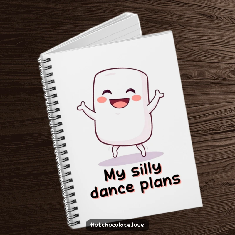 Funny notebook cover with a grinning marshmallow performing a silly dance, inspiring creativity and humor for note-taking, perfect funny gift.