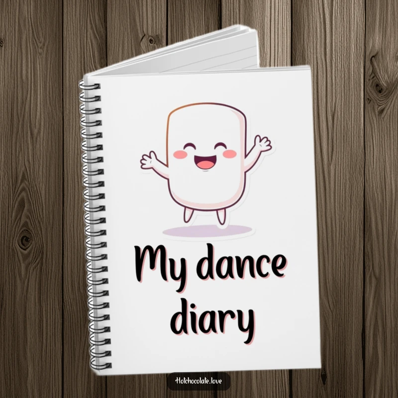 Funny Notebook featuring a grinning marshmallow doing a silly dance, ideal for recording sweet thoughts and creative ideas.