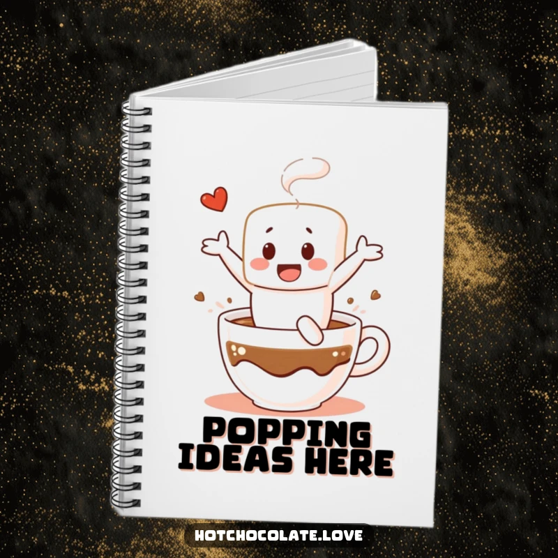 Funny notebook featuring a cheerful marshmallow character diving into hot chocolate, perfect for jotting down notes with a dose of sweetness.