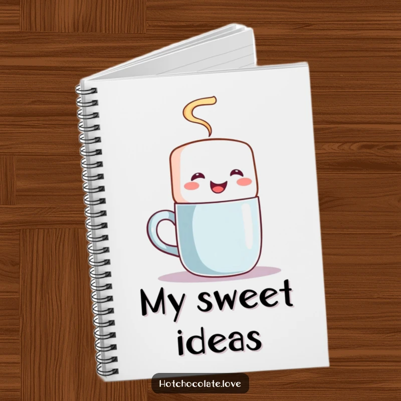 Funny notebook cover of a joyful marshmallow character stirring a steaming mug, ready for your notes.